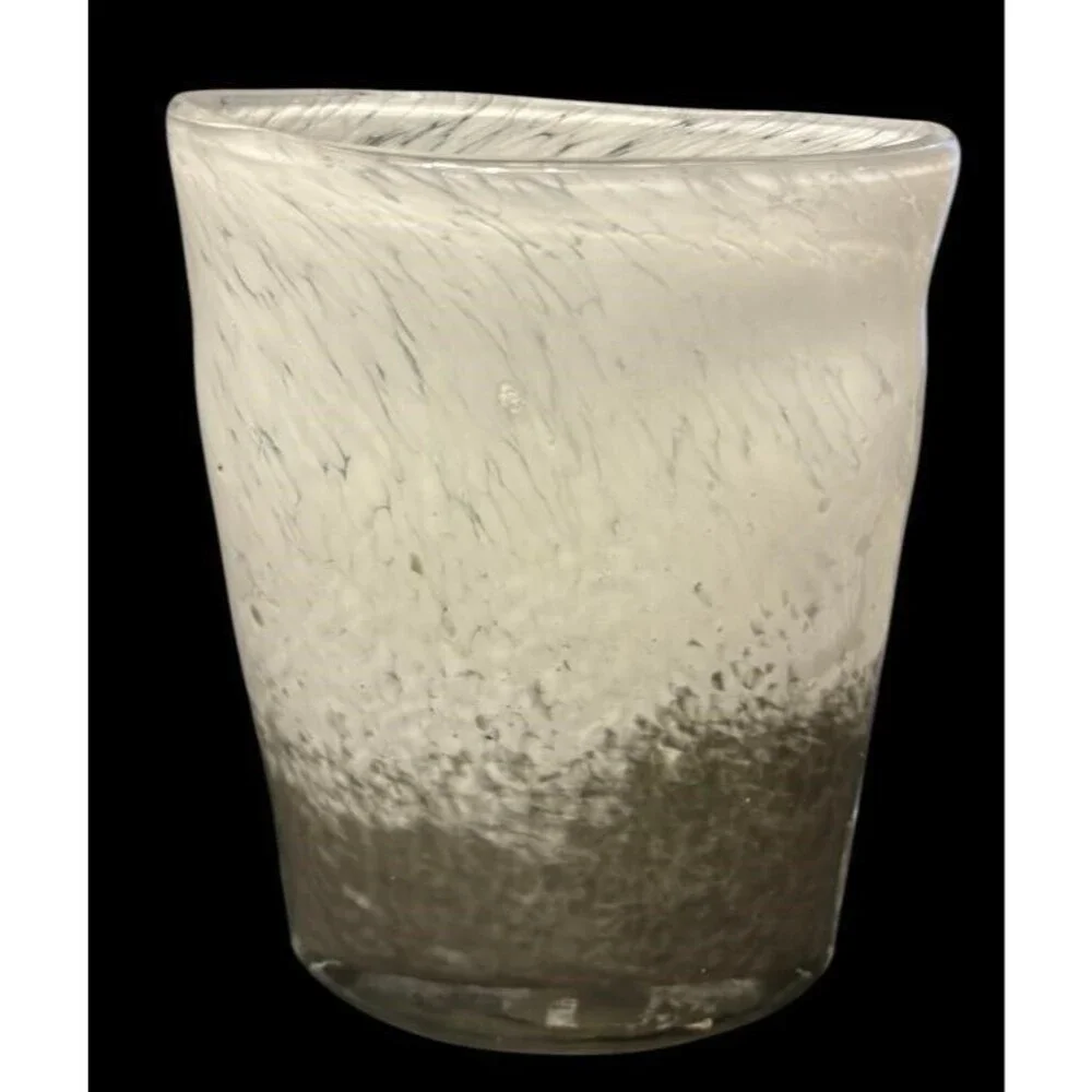 3pc Hand Blown Art Glass Vase Bottle Swirl White & Gray Mottled Set Heavy Decor